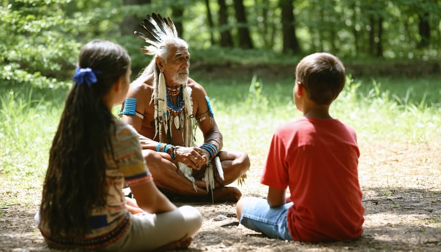 Elder and Indigenous youth sitting in a traditional talking circle, engaged in conversation