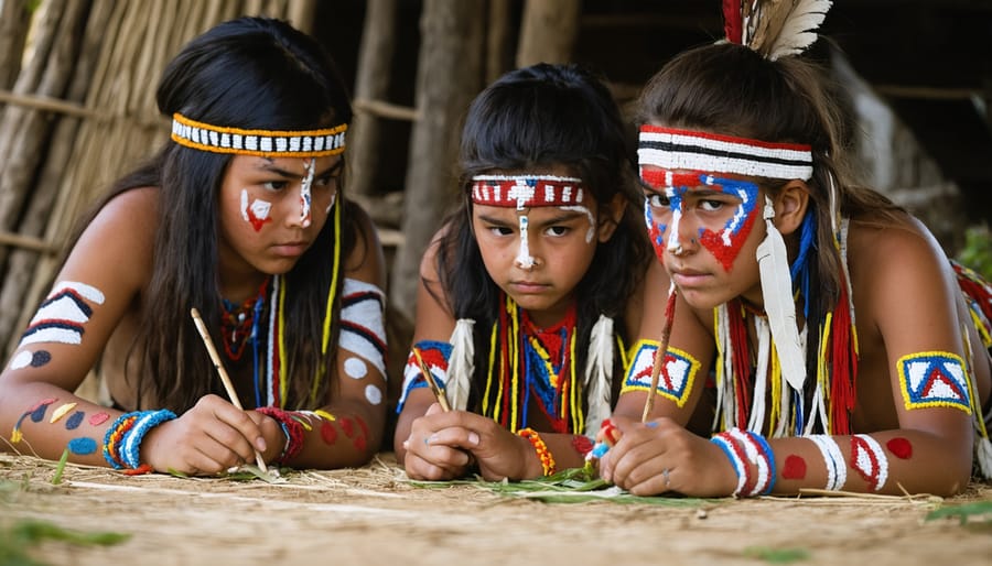 Group of Indigenous teenagers engaged in an interactive health education session with traditional elements