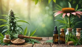 A conceptual blend of ancient Indigenous medicinal plants and modern CBD products, featuring cannabis and traditional ceremonial symbols, set against a juxtaposition of nature and modernity.