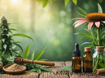 A conceptual blend of ancient Indigenous medicinal plants and modern CBD products, featuring cannabis and traditional ceremonial symbols, set against a juxtaposition of nature and modernity.