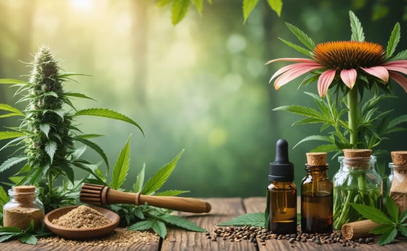 A conceptual blend of ancient Indigenous medicinal plants and modern CBD products, featuring cannabis and traditional ceremonial symbols, set against a juxtaposition of nature and modernity.