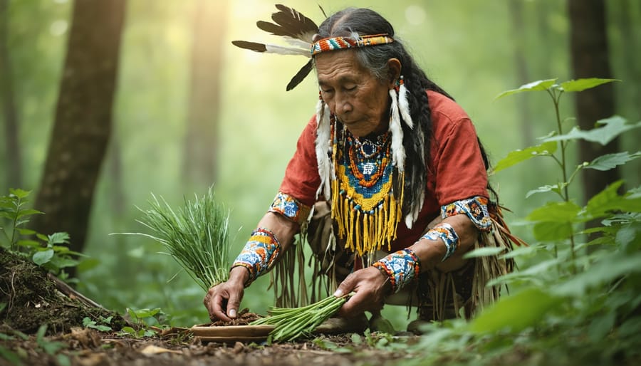 Indigenous elder carefully harvesting sacred healing plants in traditional clothing