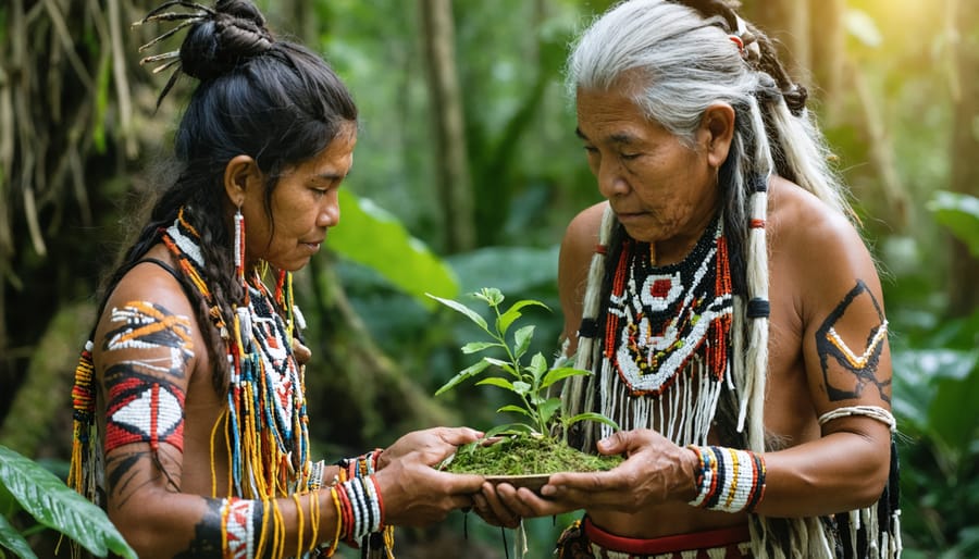 Elder teaching young community member about traditional healing plants and preparation methods