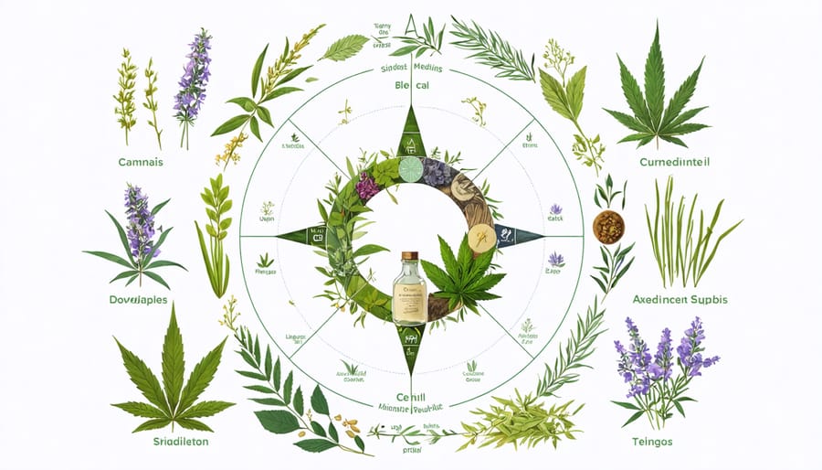 Sacred medicine wheel displaying cannabis and other traditional healing plants arranged in ceremonial pattern