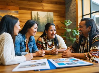 Indigenous financial counselor and community member talking across a wooden desk in a warmly lit credit union, with soft natural light, papers on the desk, and blurred plants and Indigenous artwork in the background.