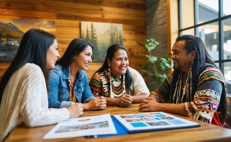 Indigenous financial counselor and community member talking across a wooden desk in a warmly lit credit union, with soft natural light, papers on the desk, and blurred plants and Indigenous artwork in the background.