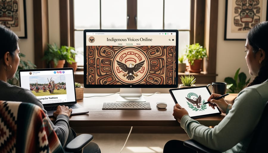 Indigenous Canadian community members working together on digital content at laptop