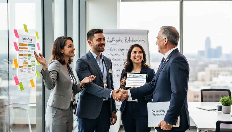 Two people shaking hands in respectful partnership with traditional Indigenous textiles visible