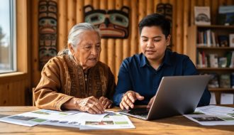 Elder and younger Indigenous professional collaborate at a wooden table, gesturing over a laptop and printed materials, with soft daylight and a blurred cultural center background featuring artwork and bookshelves.