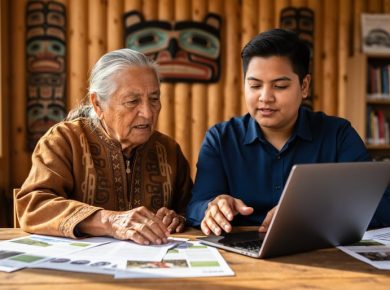 Elder and younger Indigenous professional collaborate at a wooden table, gesturing over a laptop and printed materials, with soft daylight and a blurred cultural center background featuring artwork and bookshelves.