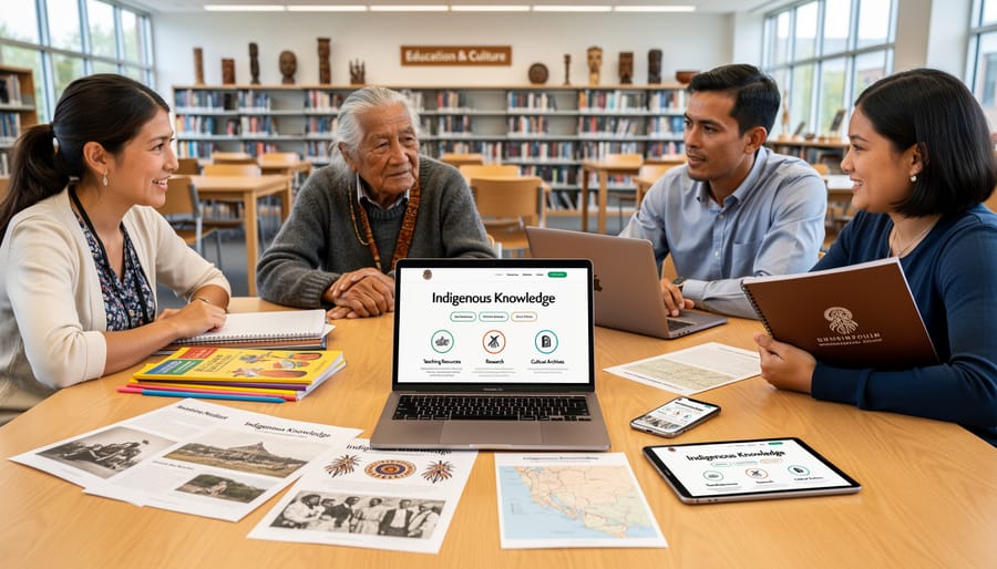 Indigenous elder teaching young student about traditional cultural artifacts