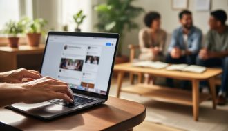 Close-up of hands gently closing a laptop while, in the blurred background, a small group sits in a circle in a sunlit room with natural wood and plants, suggesting a choice for authentic community conversation over manipulated social media activity.