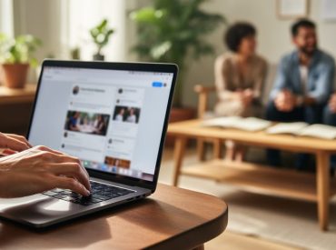 Close-up of hands gently closing a laptop while, in the blurred background, a small group sits in a circle in a sunlit room with natural wood and plants, suggesting a choice for authentic community conversation over manipulated social media activity.