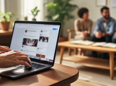 Close-up of hands gently closing a laptop while, in the blurred background, a small group sits in a circle in a sunlit room with natural wood and plants, suggesting a choice for authentic community conversation over manipulated social media activity.