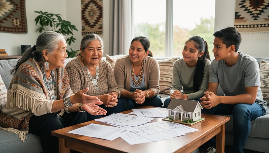 Three generations of Indigenous family members sitting together on home's front porch