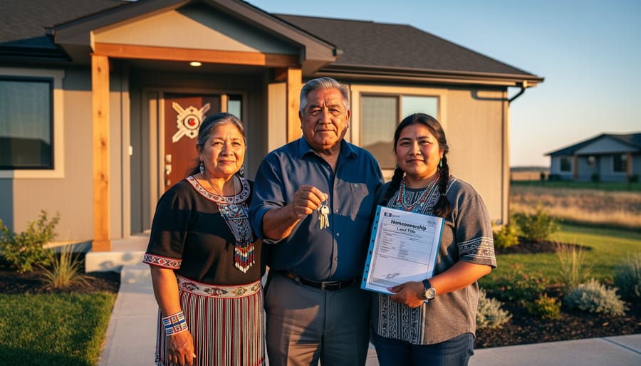 Indigenous elder's hands holding traditional woven basket with wooden home in background