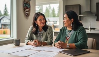 First Nations homeowner and Indigenous housing advocate sit at a kitchen table reviewing non-legible documents in soft daylight, with beadwork art on the wall and a blurred view of community homes and evergreens outside, conveying a respectful, supportive consultation.