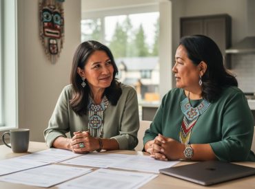 First Nations homeowner and Indigenous housing advocate sit at a kitchen table reviewing non-legible documents in soft daylight, with beadwork art on the wall and a blurred view of community homes and evergreens outside, conveying a respectful, supportive consultation.