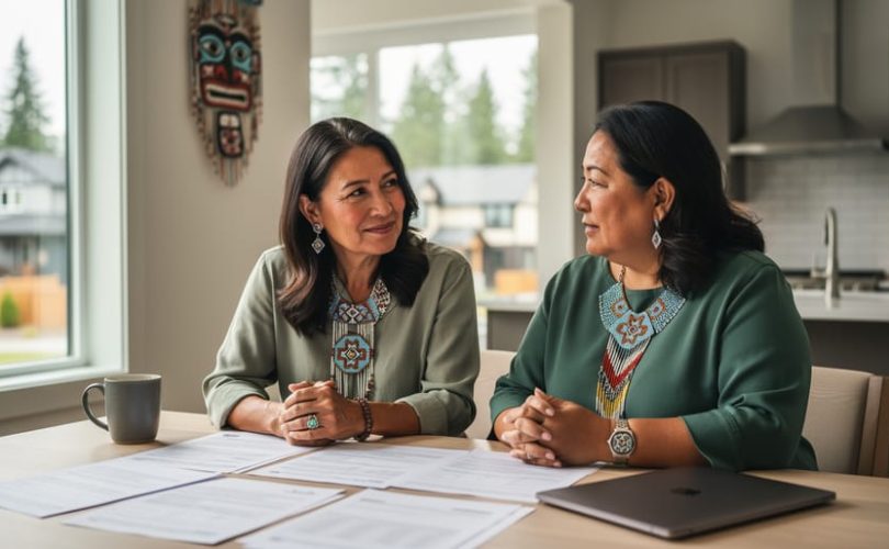 First Nations homeowner and Indigenous housing advocate sit at a kitchen table reviewing non-legible documents in soft daylight, with beadwork art on the wall and a blurred view of community homes and evergreens outside, conveying a respectful, supportive consultation.