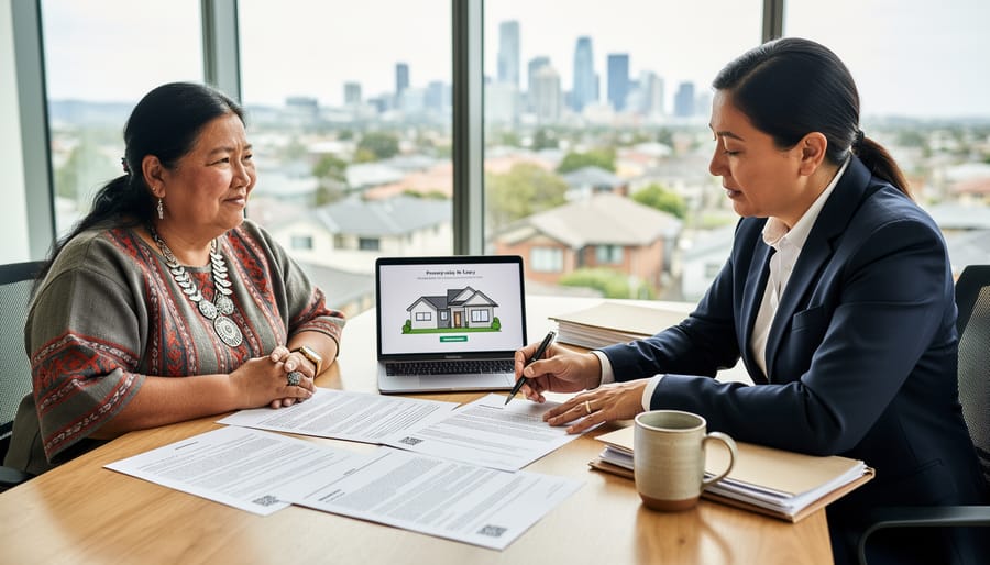 Indigenous woman reviewing property documents with traditional artwork in background