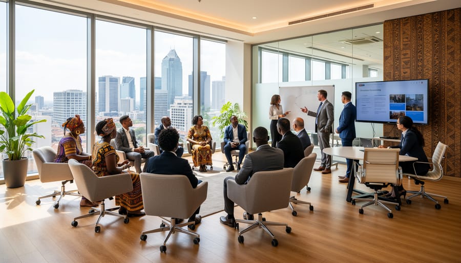Diverse group of community members and elders meeting in modern office space with traditional cultural elements