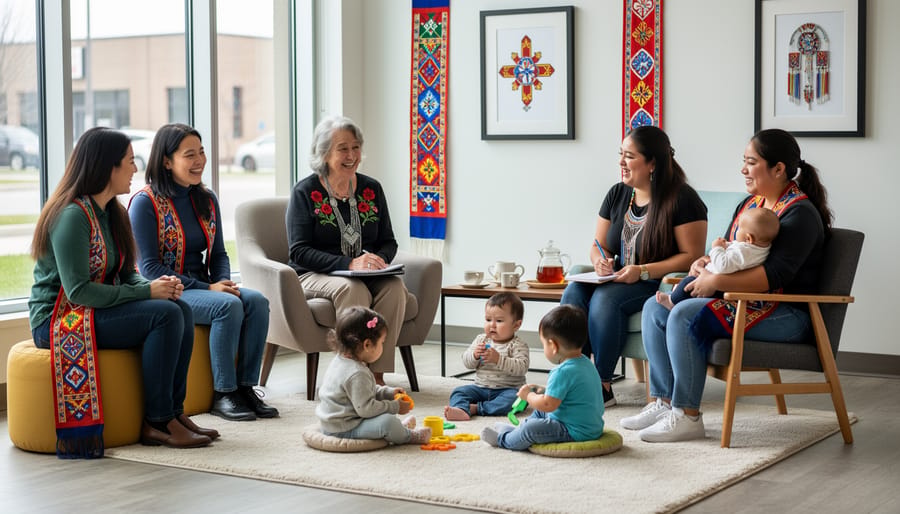 Group of young Metis parents in community circle with children in culturally responsive educational setting