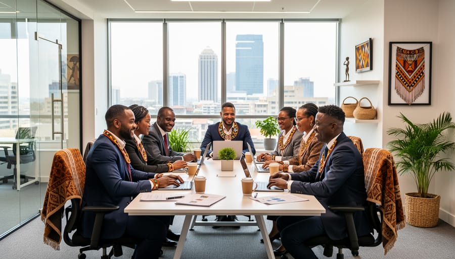 Modern office interior featuring traditional African cultural artifacts integrated with contemporary professional workspace