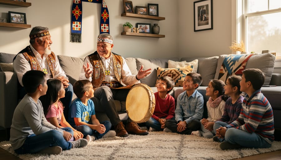 Metis father reading bedtime story to young children in warm home environment