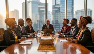 Indigenous NGO leaders seated around a wooden boardroom table with subtle beadwork and a woven basket, in a modern Sandton Central high-rise; floor-to-ceiling windows reveal the glass-tower skyline in warm late-afternoon light.