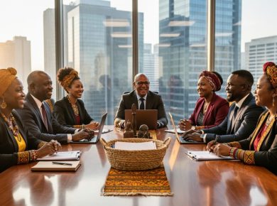 Indigenous NGO leaders seated around a wooden boardroom table with subtle beadwork and a woven basket, in a modern Sandton Central high-rise; floor-to-ceiling windows reveal the glass-tower skyline in warm late-afternoon light.