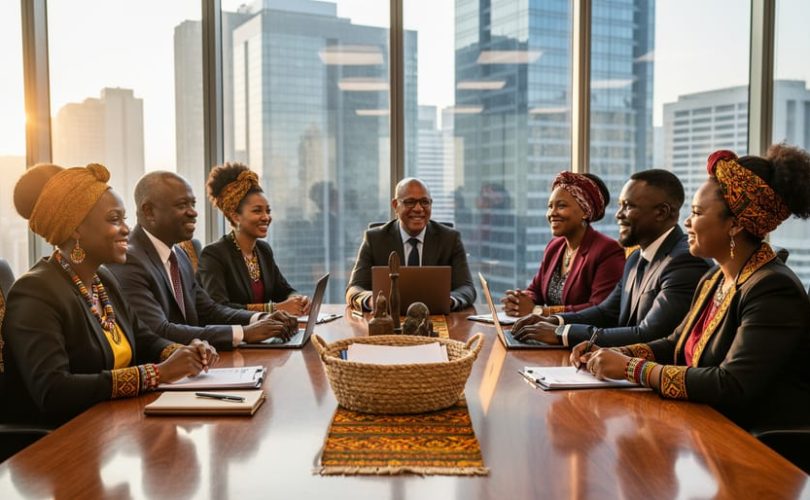 Indigenous NGO leaders seated around a wooden boardroom table with subtle beadwork and a woven basket, in a modern Sandton Central high-rise; floor-to-ceiling windows reveal the glass-tower skyline in warm late-afternoon light.