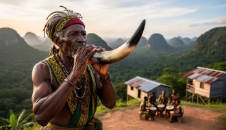 Jamaican Maroon elder in traditional attire blowing an abeng horn at golden hour on a ridge, lush green karst hills of Cockpit Country behind, with blurred wooden homes and a small drum circle in the distance