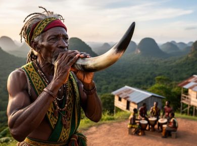 Jamaican Maroon elder in traditional attire blowing an abeng horn at golden hour on a ridge, lush green karst hills of Cockpit Country behind, with blurred wooden homes and a small drum circle in the distance
