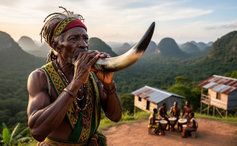 Jamaican Maroon elder in traditional attire blowing an abeng horn at golden hour on a ridge, lush green karst hills of Cockpit Country behind, with blurred wooden homes and a small drum circle in the distance