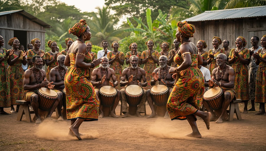 Close-up of hands playing traditional drums during Maroon Kromanti ceremony