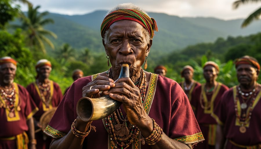 Maroon elder holding traditional abeng cow horn instrument in mountain forest setting
