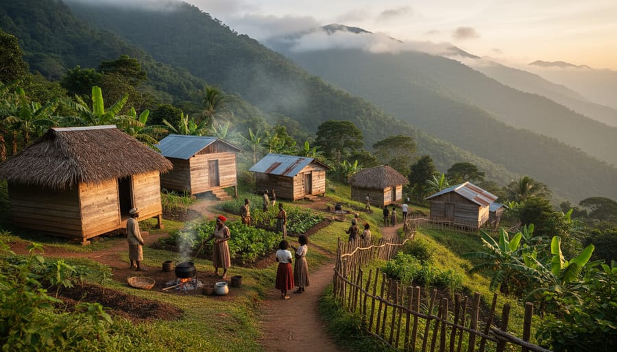 Traditional Maroon village settlement in Jamaica's mountainous interior surrounded by tropical forest