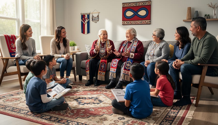 Metis grandmother, young mother, and child reading together on couch in home setting