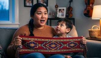 Young Métis parent and child sit on a couch holding a colorful woven sash while storytelling, lit by warm lamplight with beadwork, a fiddle, and family photos softly blurred in the background.