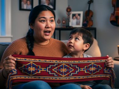 Young Métis parent and child sit on a couch holding a colorful woven sash while storytelling, lit by warm lamplight with beadwork, a fiddle, and family photos softly blurred in the background.