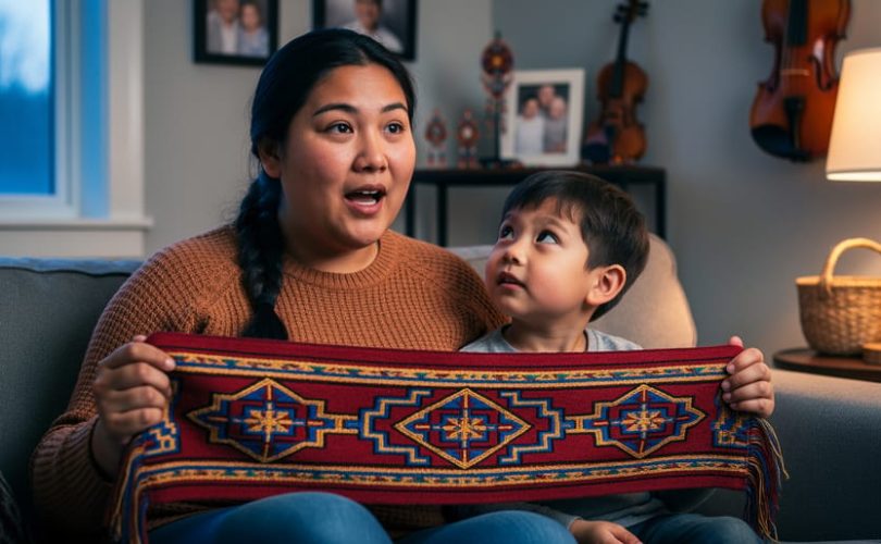 Young Métis parent and child sit on a couch holding a colorful woven sash while storytelling, lit by warm lamplight with beadwork, a fiddle, and family photos softly blurred in the background.