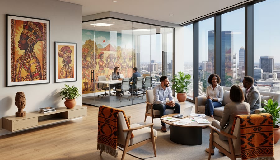 Contemporary office building in Sandton Central with indigenous artwork visible in lobby