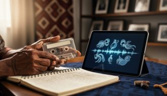 Elder’s hands holding an audio cassette and a language notebook next to a tablet with abstract visual media access, symbolizing Aboriginal media collections online.