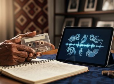Elder’s hands holding an audio cassette and a language notebook next to a tablet with abstract visual media access, symbolizing Aboriginal media collections online.