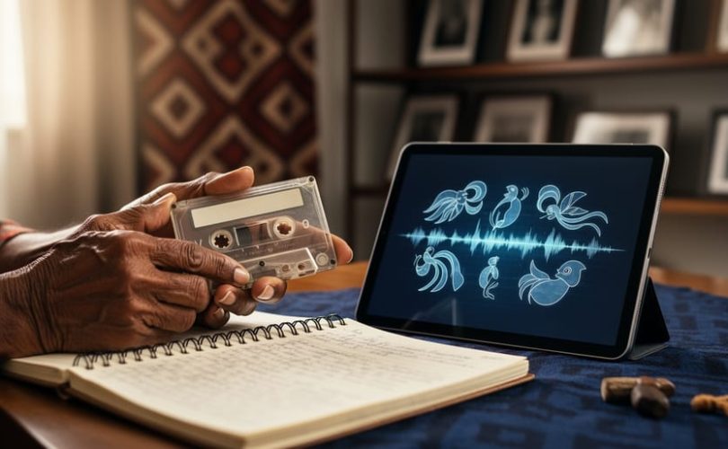 Elder’s hands holding an audio cassette and a language notebook next to a tablet with abstract visual media access, symbolizing Aboriginal media collections online.