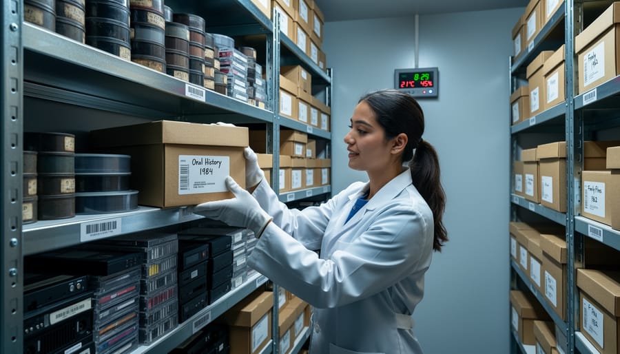 Archival materials such as tape reels and discs stored inside a wooden cabinet in a softly lit room.