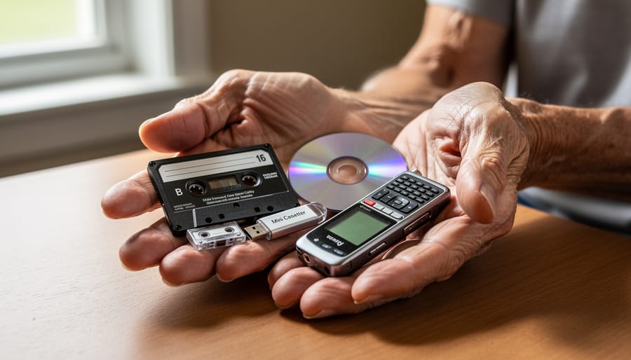 An Indigenous elder holds an analog cassette recorder and audio cassettes in a warmly lit setting.