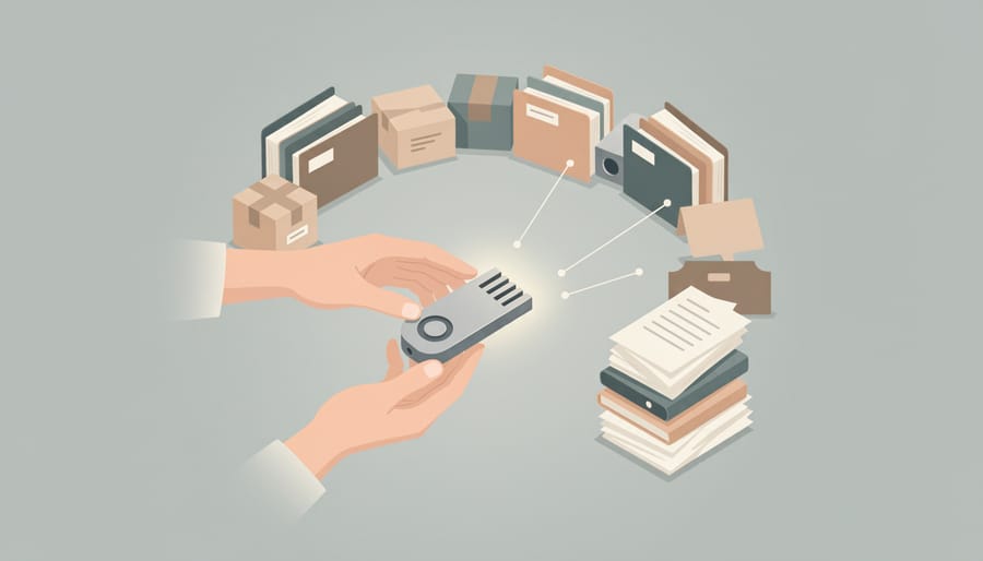 Hands placing a USB drive into a container next to a laptop with the screen turned away in a study-like workspace.