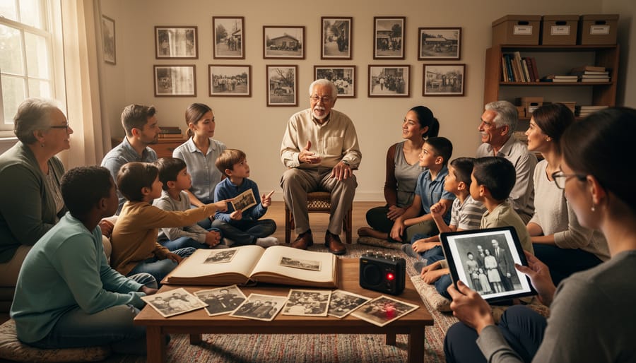 An outdoor storytelling circle with a field recording device and photo albums on a table in warm golden-hour light.