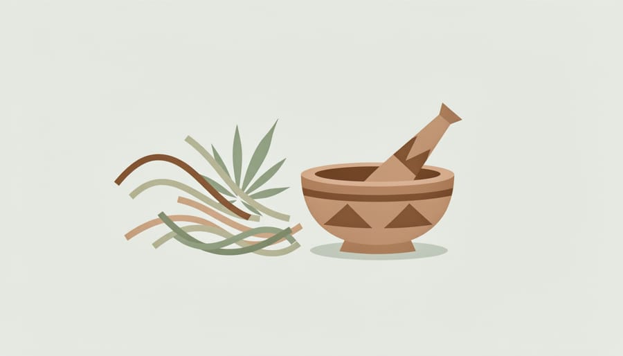 Ceremonial drum resting on stones with hemp fibers and dried leaves nearby in warm golden-hour light